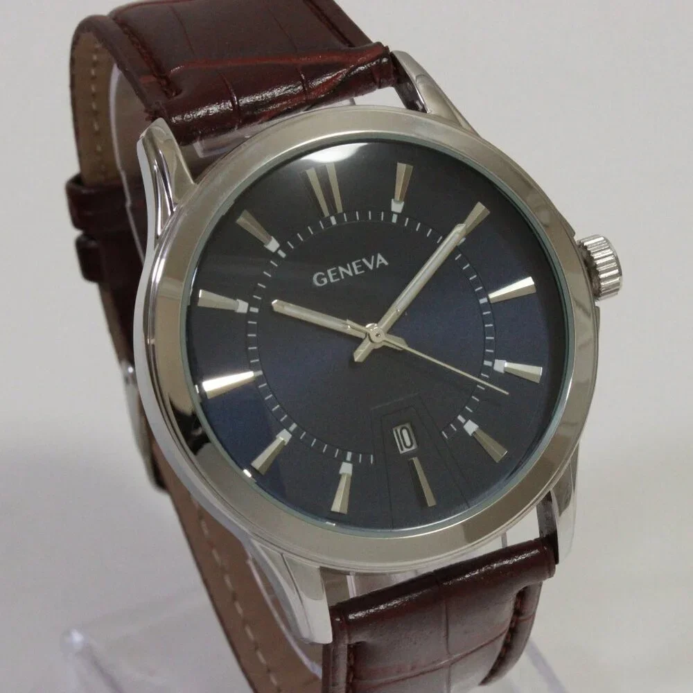 Geneva Men's Dress Watch Silver Tone Navy Blue Dial Brown Strap 42mm